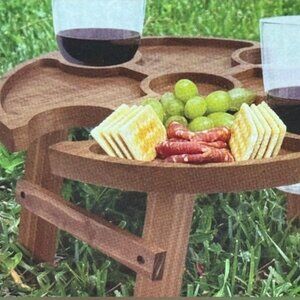 Wooden Foldable Mini Picnic Table 4 Cup Holders 5 Divided Areas NEW